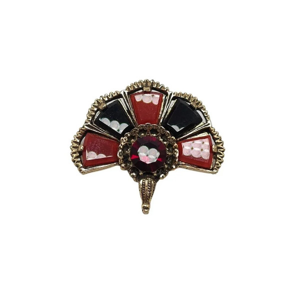 MIRACLE Black Red Gemstone Fan Brooch Pin Gold Tone Vintage Celtic - Picture 1 of 6